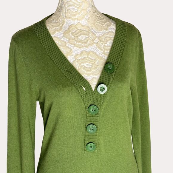 Sundance Catalog V Neck Pullover Sweater 1/4 Button Front Green S bv - Picture 2 of 5